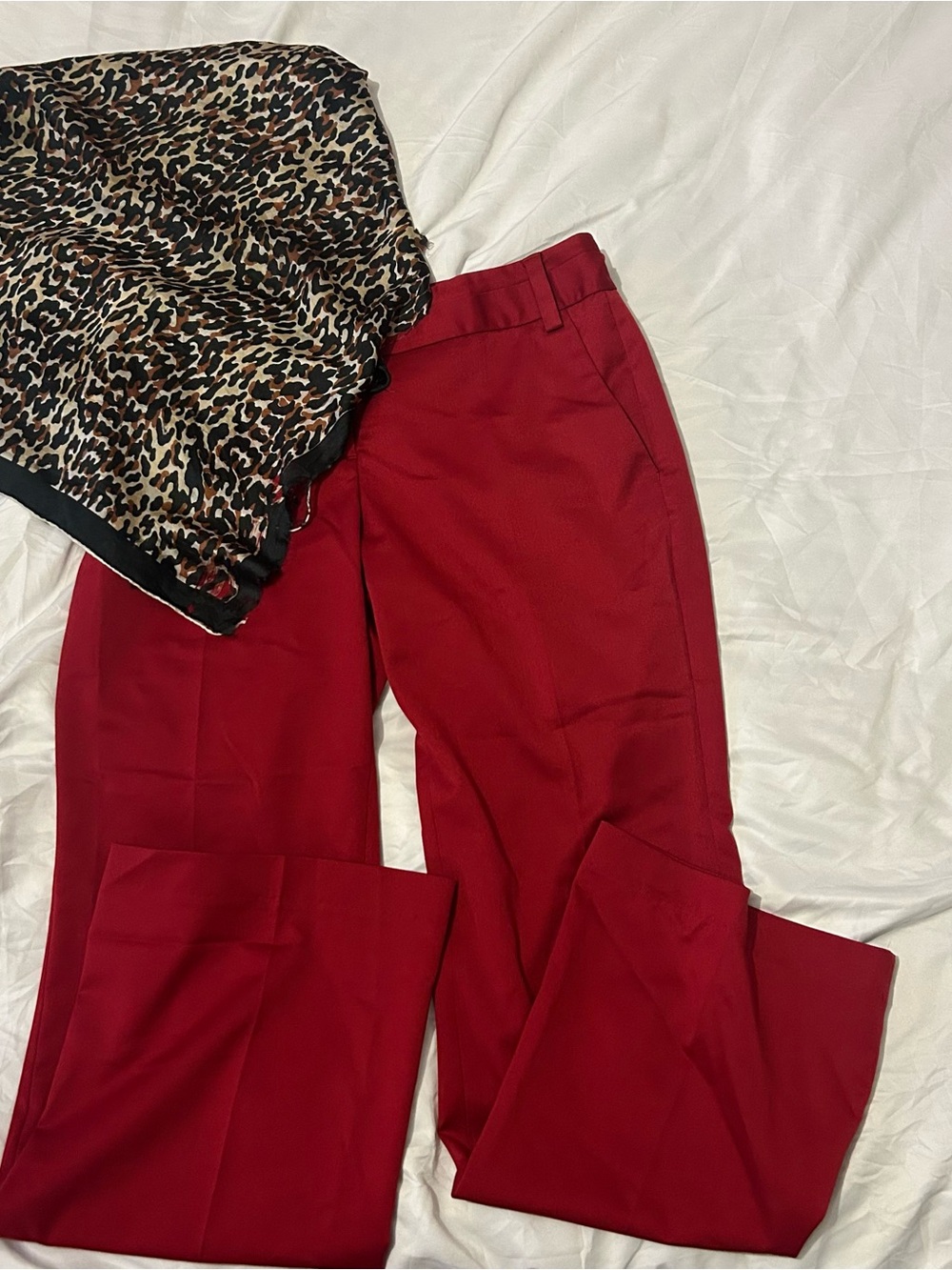 Express Straight Leg Pants in Red with Leopard-Print Lining